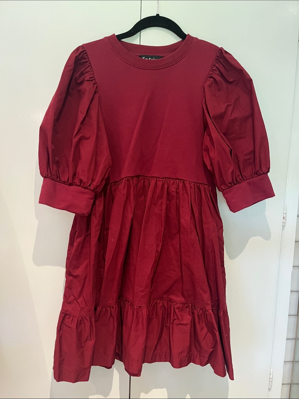 En Saison Burgundy Puff-Sleeve Tiered Mini Dress